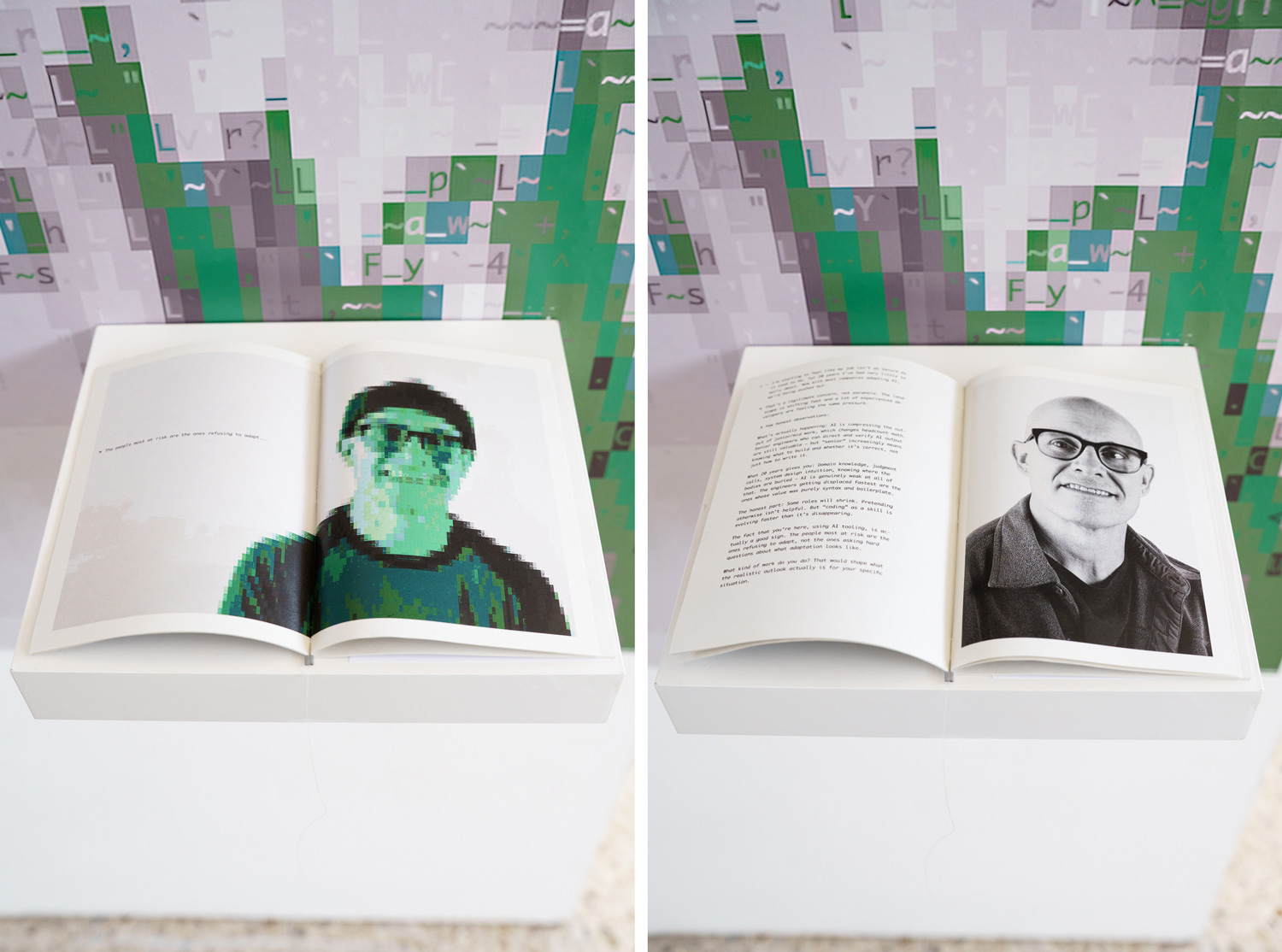 Two-page booklet spread showing a pixelated green portrait on the left page and a black-and-white portrait of the artist smiling on the right page