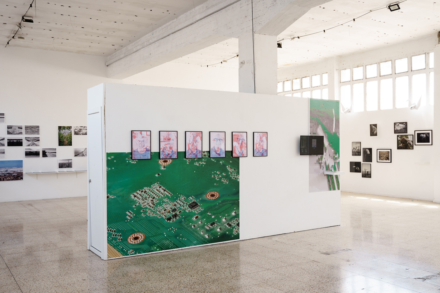 Installation view of Dreams and Hallucinations with framed photographs on gallery walls and a divider wall printed with a green circuit-board photograph