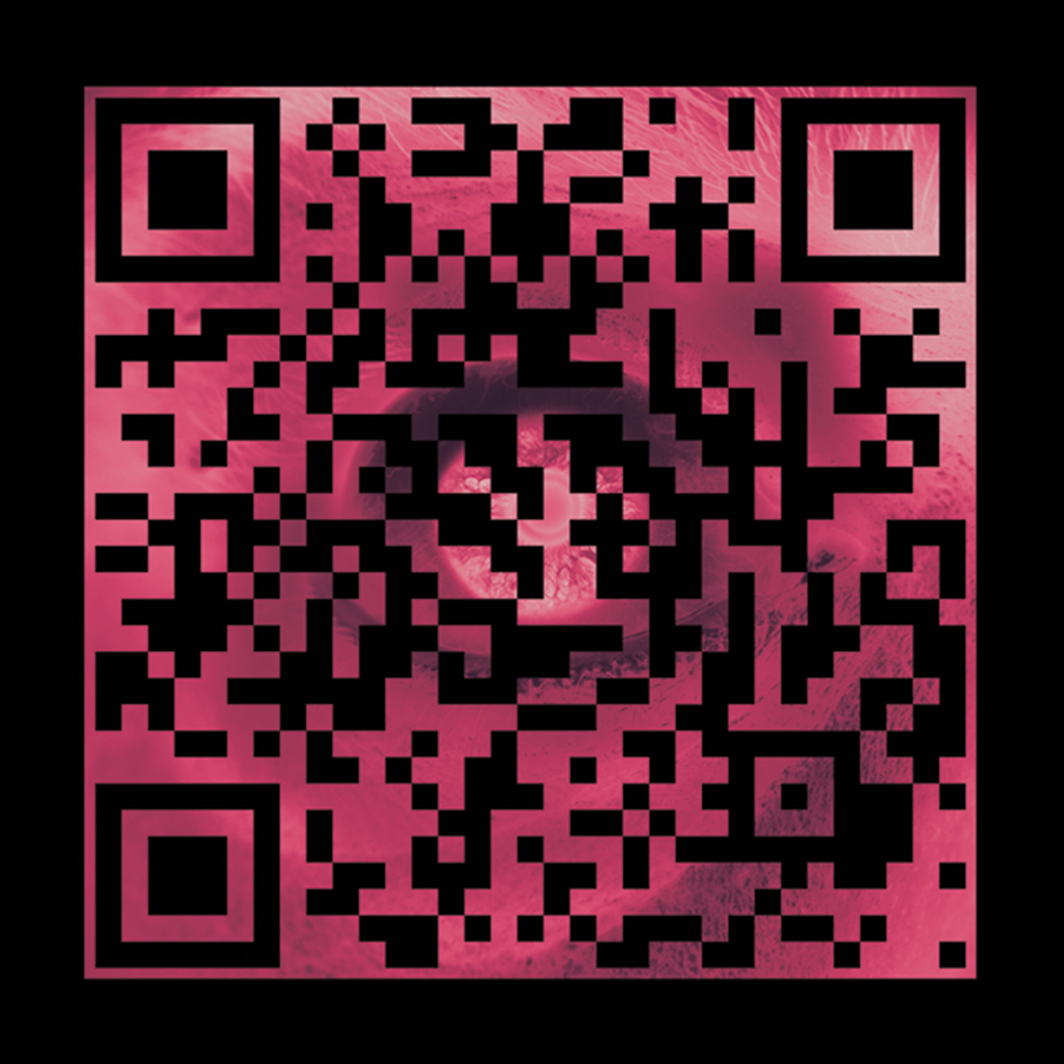 A pink QR code sticker with a distorted eye photograph blended into its pattern, printed on black paper