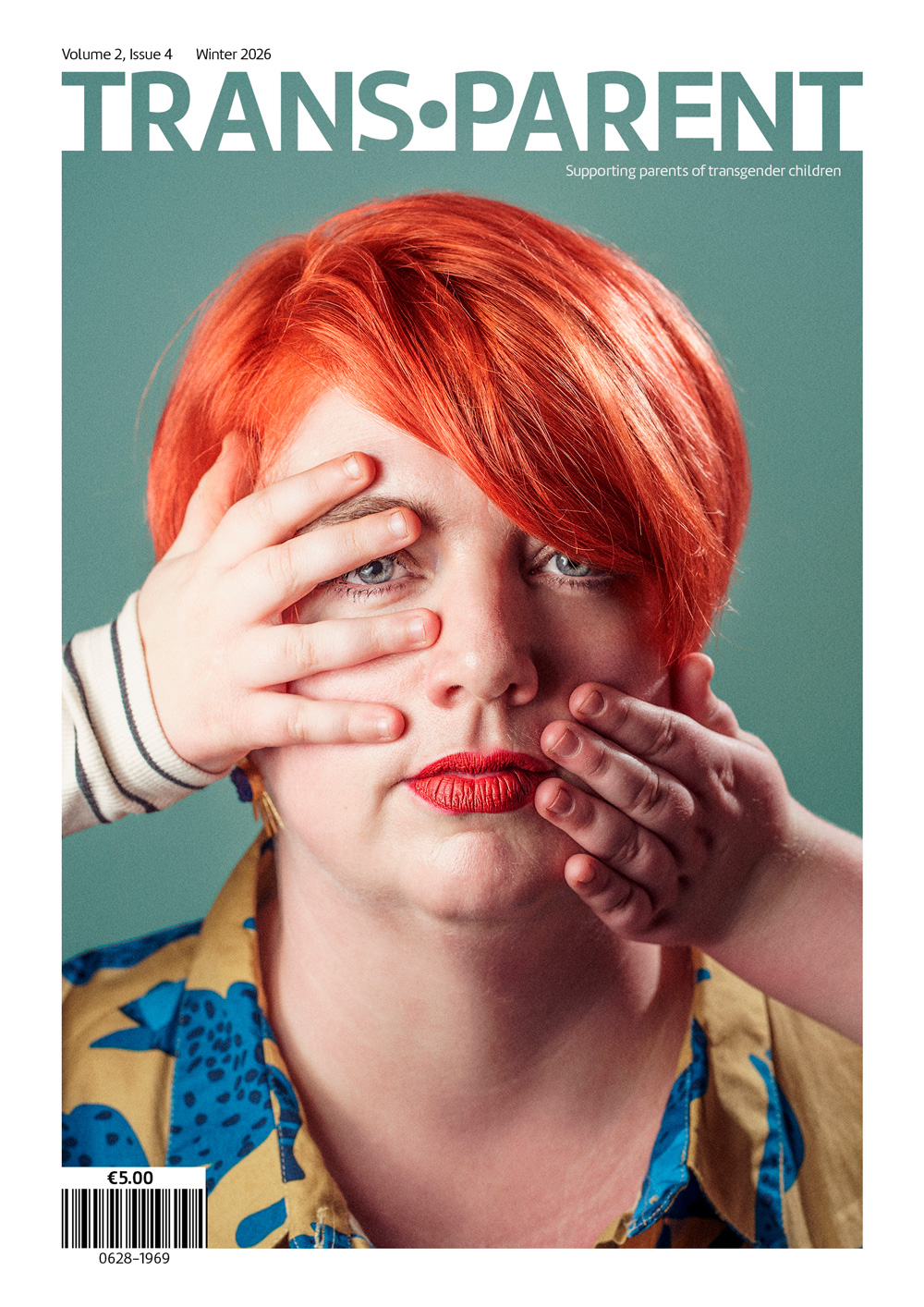Mock cover of Trans•Parent magazine featuring a close-up portrait of Beth covering one eye with her hand against a teal background