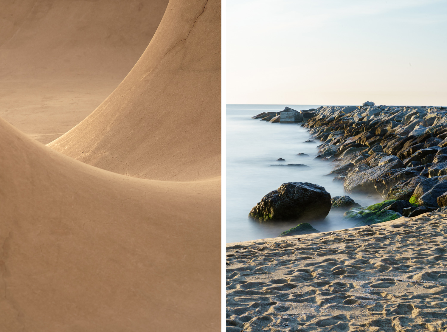 Diptych: a close-up of a curved concrete skatepark ramp paired with a long-exposure photograph of a rocky breakwater meeting the misty sea