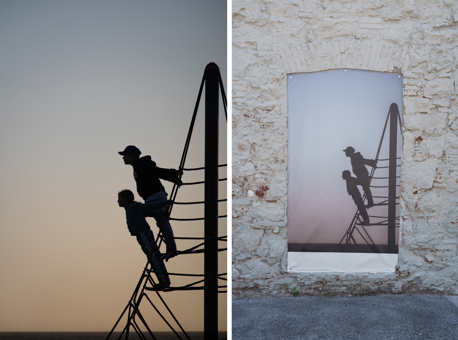 Diptych: a skateboarder performing a trick on a graffiti-covered breakwater block above the sea, paired with a pink flamingo pool float on the beach with bare feet peeking out